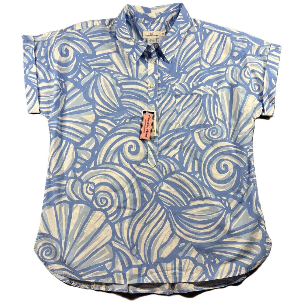 Vineyard Vines Blue and White Shell-Print Short Sleeve Blouse